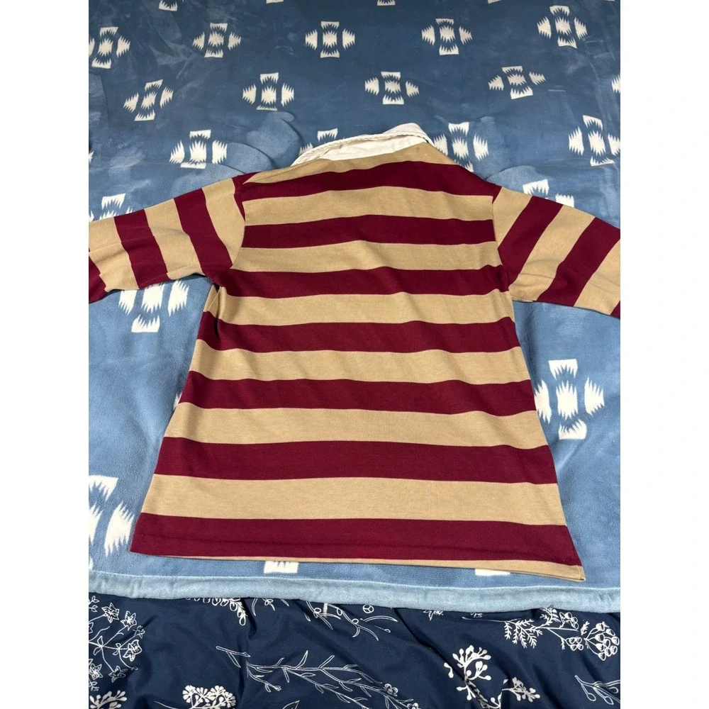 vintage 70s 80s Levis Mens Striped Rugby Shirt Long Sleeve Burgundy Tan M